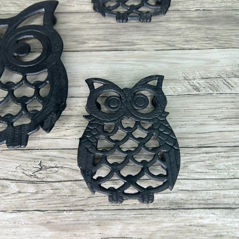 Vintage Owl Trivet Set Cast Iron Taiwan Kitchy Bird Decor Cottage Rustic Goth